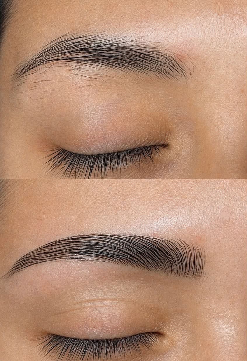Before and after brow lamination, shaping, and tint at The Skin Sanctuary Co